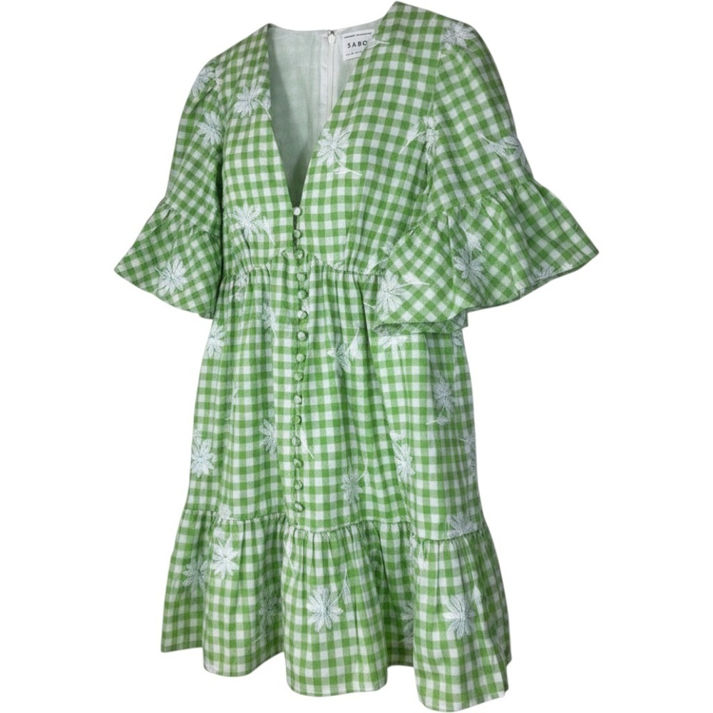 Gingham Daisy Babydoll Mini Dress Womens Med Sabo Twyla Green Cottage Coquette